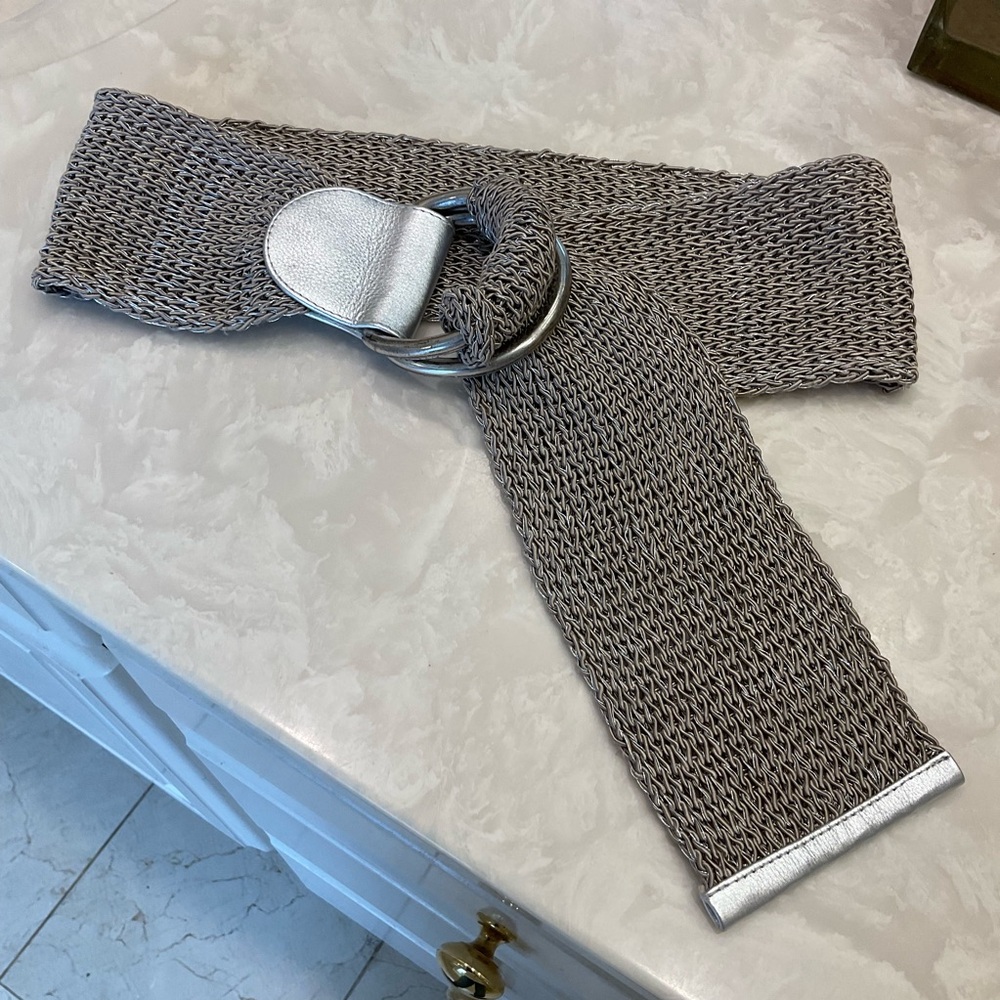 Silver woven wide belt w/ leather detail, adjustable size/one size fits all, NWT - Picture 10 of 11